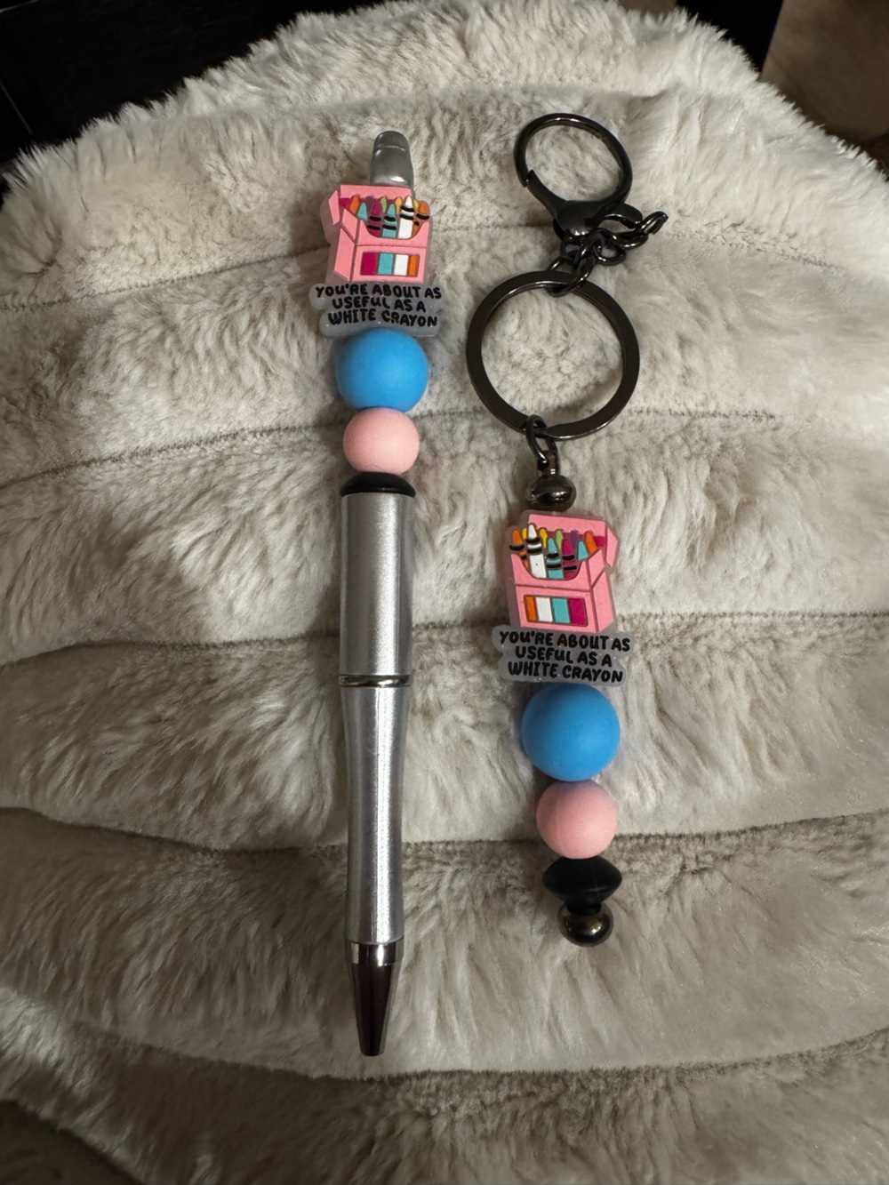 Pink & Blue Beaded Keychain And Pen Set Charm with Crayon Box Accent